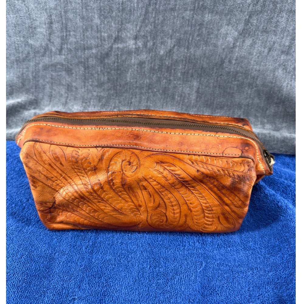 Vintage Paraguay Tooled Leather Toiletry Bag Western Dopp Kit Travel Shaving